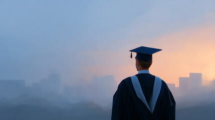 Back view of young man in graduation gown and cap looking at city skyline. Graduation, achievement, and future concept.
