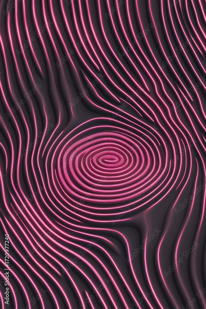Poster abstract flowing lines pattern with pink glowing concentric swirls on dark background