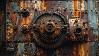 Rusty Gears and Metal Panel: Close-up of Weathered Industrial Machinery