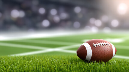 3D rendering of American football on green field with spotlights. Sports, stadium, and game concept.