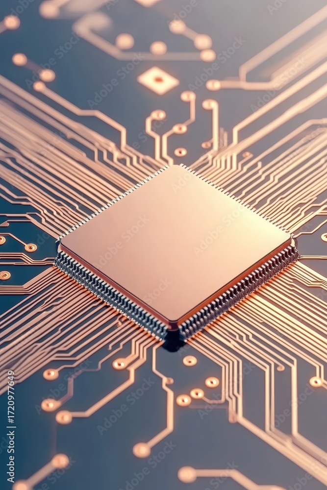 Poster central processor unit on a complex electronic circuit board with glowing orange lines and connectio