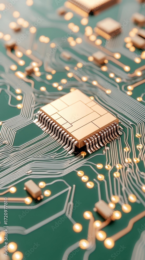 Poster detailed view of a golden computer chip and circuits on a green board with glowing connections, repr