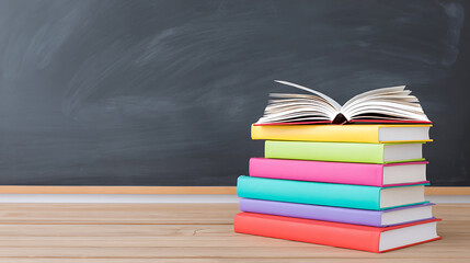 Stack of colorful books on wooden floor with blackboard background. Education, learning, and back-to-school concept.
