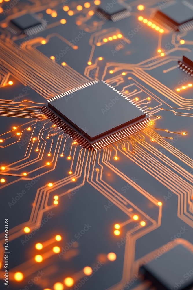 Poster close up of a computer chip on a circuit board with glowing orange connections and lights