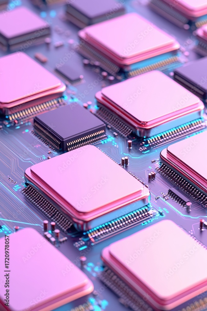 Poster close up abstract pattern of electronic components on a circuit board with soft pink and blue glow