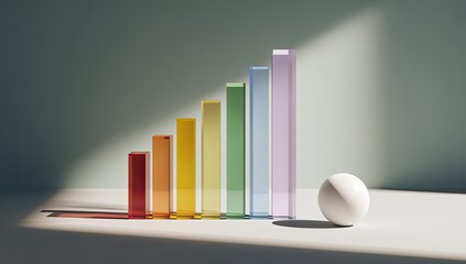 Colorful glass blocks ascend in a bar graph formation, illuminated by sunlight, with a white sphere beside them on a white surface