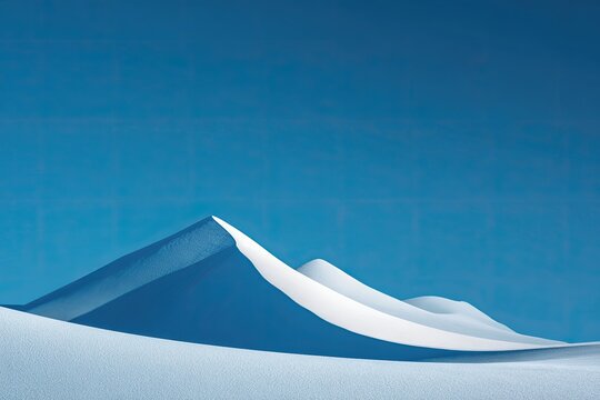 Minimalist depiction of pristine white sand dunes gently curving under a vibrant azure sky; serene, expansive landscape