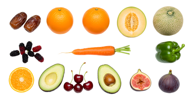 Collection of fresh fruits and vegetables including oranges, cantaloupe, dates, blackberries, carrots, bell pepper, avocado, cherries, figs, perfect for healthy eating and diet promotions