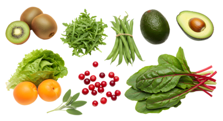 Fresh healthy fruits and vegetables assortment including kiwi, avocado, green beans, lettuce, apricot, cranberries, and leafy greens, perfect for nutrition or cooking themes