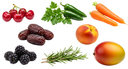 Fresh assorted fruits and vegetables including cherries, dates, blackberries, apricot, mango, carrots, jalapenos, parsley, and rosemary on white background, perfect for healthy eating
