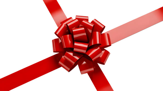 A vibrant red ribbon bow tied in a decorative knot with flowing tails isolated on transparent background