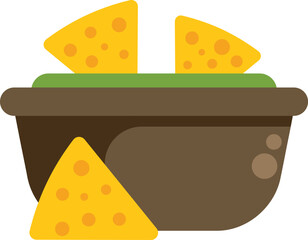 This vector illustration features a bowl of guacamole with tortilla chips, perfect for designs related to mexican food, appetizers, and snacking
