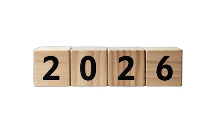 Wooden blocks spell out "2026" in bold font against a stark black background