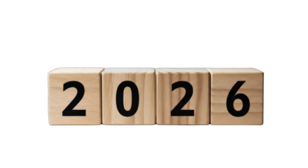 Wooden blocks spell out "2026" in bold font against a stark black background
