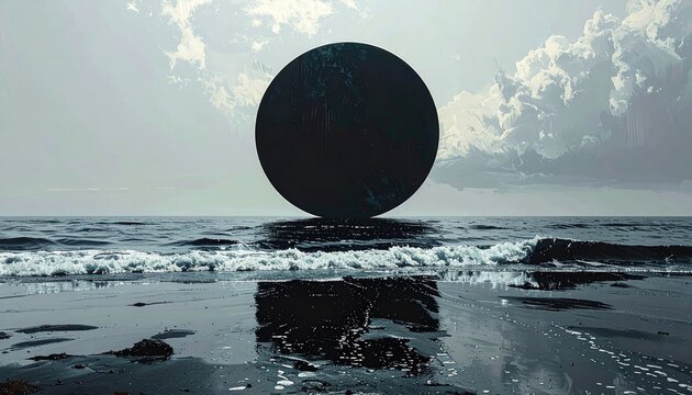Dark Sphere on Ocean Shore Futuristic Seascape