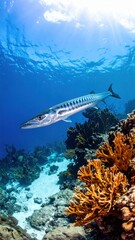 Fototapeta premium Majestic Barracuda Swimming Among Vibrant Coral Reefs Underwater