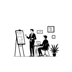 Monochrome business illustration displaying a meeting dynamic between a leader presenting to a