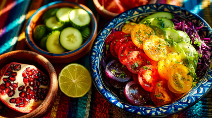 Fototapeta premium Bright fresh vegetable plate on a sunny table for healthy lunch