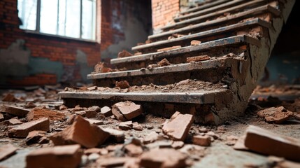 Urban decay captured in an interior view with brown rubble and dust-covered surfaces.