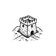 Monochrome castle tower illustration rising from a small hill evoking historical fortifications