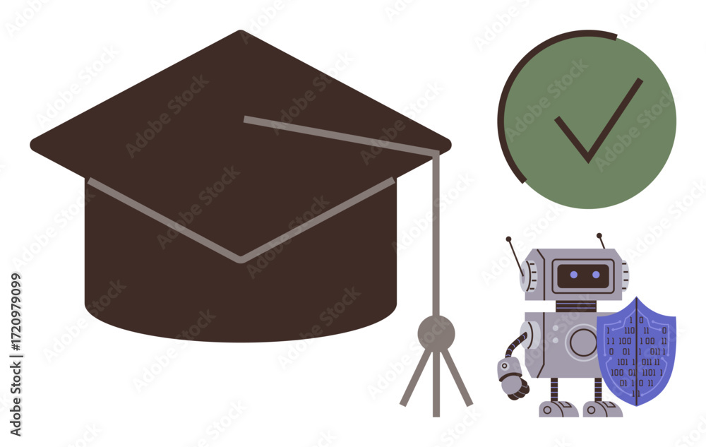 Poster graduation cap symbolizing learning, robot with shield conveying technology and security, and green 