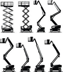 Construction lift equipment silhouette, scissor lift and boom lift illustration, heavy machinery design, industrial vehicle artwork, cad drawing flat vector illustration © Nur-Nobin Creations