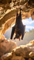 Fototapeta premium Bat Hanging Upside Down in Cave with Natural Sunlight Behind It