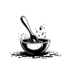Monochrome drawing showcases liquid spilling from bowl with spoon stirring a potent dark fluid