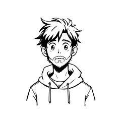 Monochrome illustration featuring a young man with distinctive facial hair presented in anime