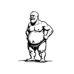 Monochrome illustration of a stout muscular bearded man conveying strength and unique character