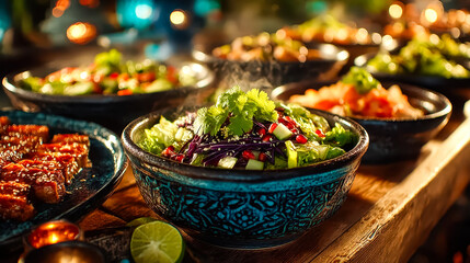 Fototapeta premium Delicious dinner on the terrace with appetizing chicken and green salad
