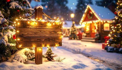 Snowy Village Scene with Illuminated Wooden Sign