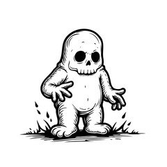 Monochrome skeleton character illustration presenting spooky figure with skull face in quirky