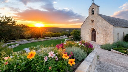 Naklejka premium Vibrant sunset lighting up a historic stone church amid greenery and flowers