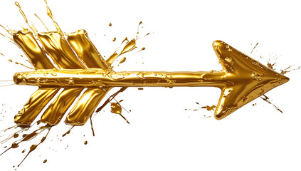 Golden arrow graphic design element with paint splatters Abstract art style Isolated on white background