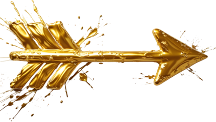 Golden arrow graphic design element with paint splatters Abstract art style Isolated on white background