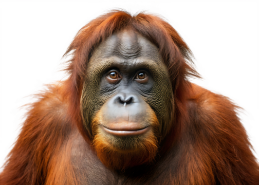 Orangutan face with reddish brown fur isolated on a transparent background primate