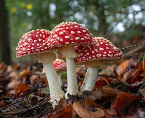 Forest floor, three vibrant red toadstools