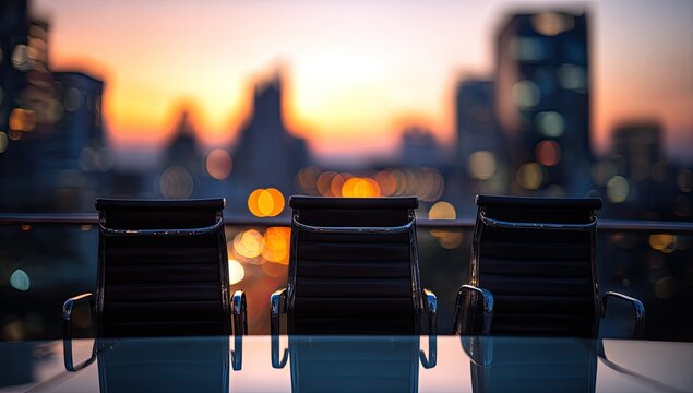 Empty conference room chairs on a rooftop overlooking a city at sunset