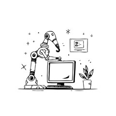 Robotic arm interacting with a computer display in a stylized workspace illustration depicting