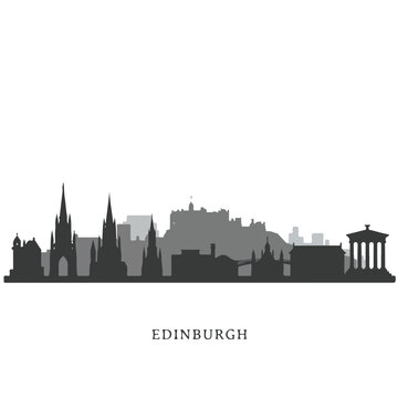 Gray silhouette of the edinburgh city skyline. Perfectly defined image suitable for travel brochures, website banners, and social media posts.