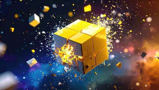 Exploding Golden Cube Abstract Digital Art