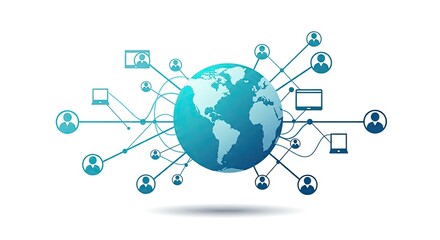 Global network concept showing the earth connecting people and digital devices worldwide.