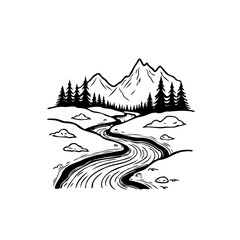 Fototapeta premium Serene monochrome mountainscape showcasing flowing river amidst forest and rugged peaks offering
