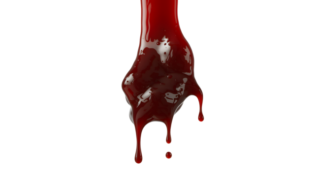 Viscous red liquid dripping and flowing downwards creating abstract shapes isolated on transparent background