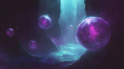 Naklejka premium Mysterious glowing orbs float in a surreal, ethereal cosmic canyon bathed in vibrant purple and teal light.
