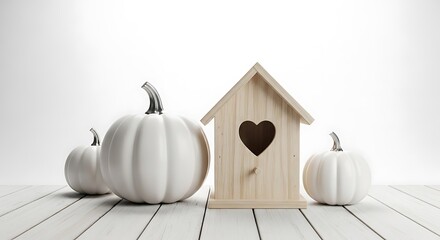 White pumpkins and wooden birdhouse with heart cutout on white table
