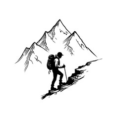 Sketch illustration of a hiker ascending a mountain peak displaying the journey of an adventurous