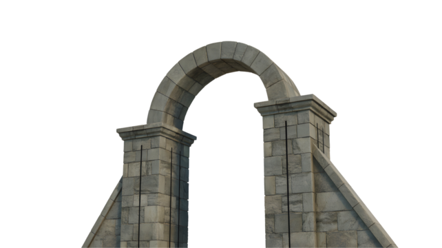 Ancient stone archway with weathered texture and crumbling details isolated on transparent background