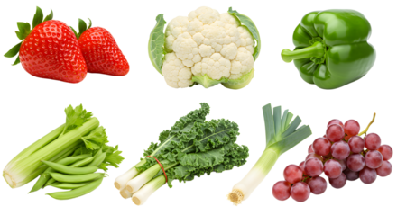 Fresh strawberries, cauliflower, green bell pepper, celery, kale, leek, and red grapes isolated on white background, healthy fruits and vegetables perfect for nutrition and cooking